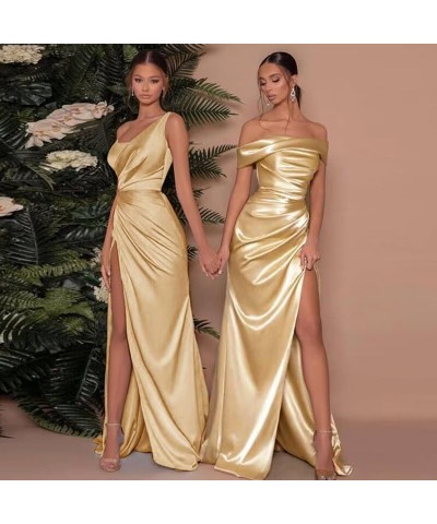 One Shoulder Satin Mermaid Prom Dresses for Women Ruched Long Bridesmaid Dress Formal Evening Gowns Blue $32.40 Dresses