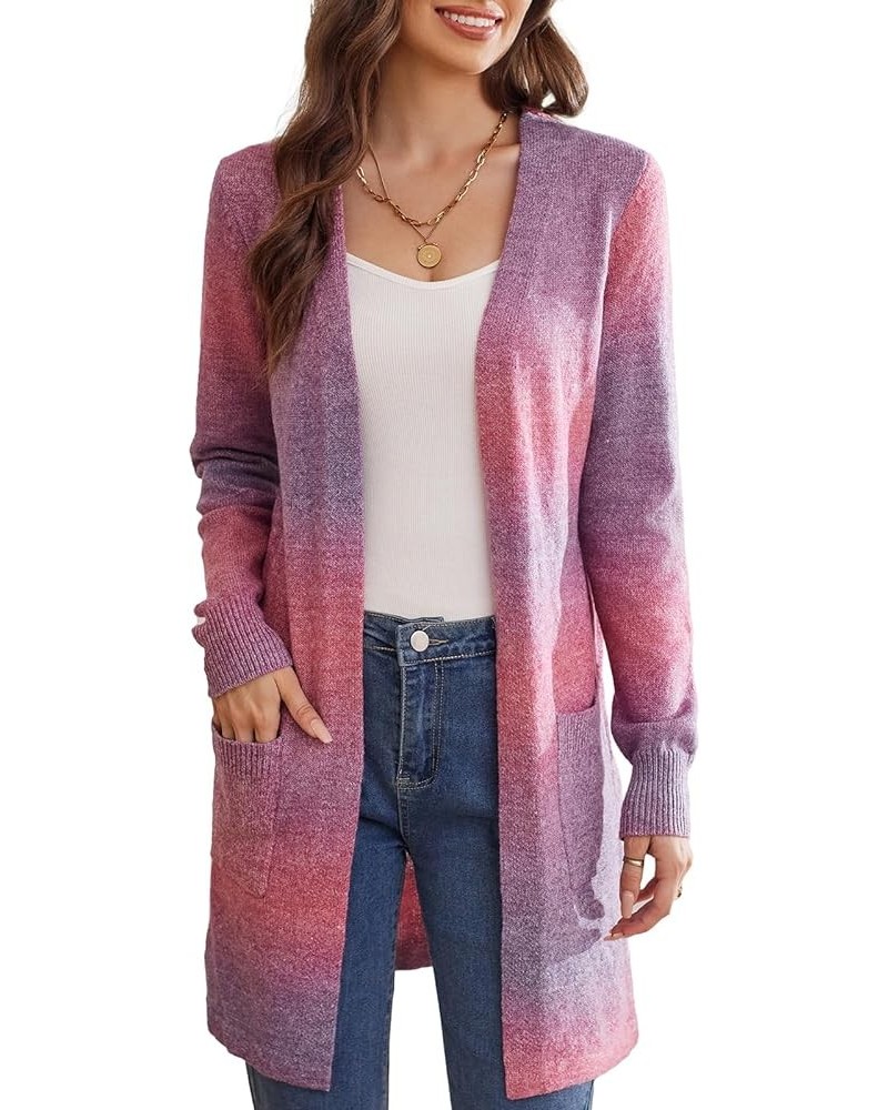 Women's Long Sleeve Open Front Knitting Kimono Cardigan with Pockets Gradient Purple $23.77 Sweaters