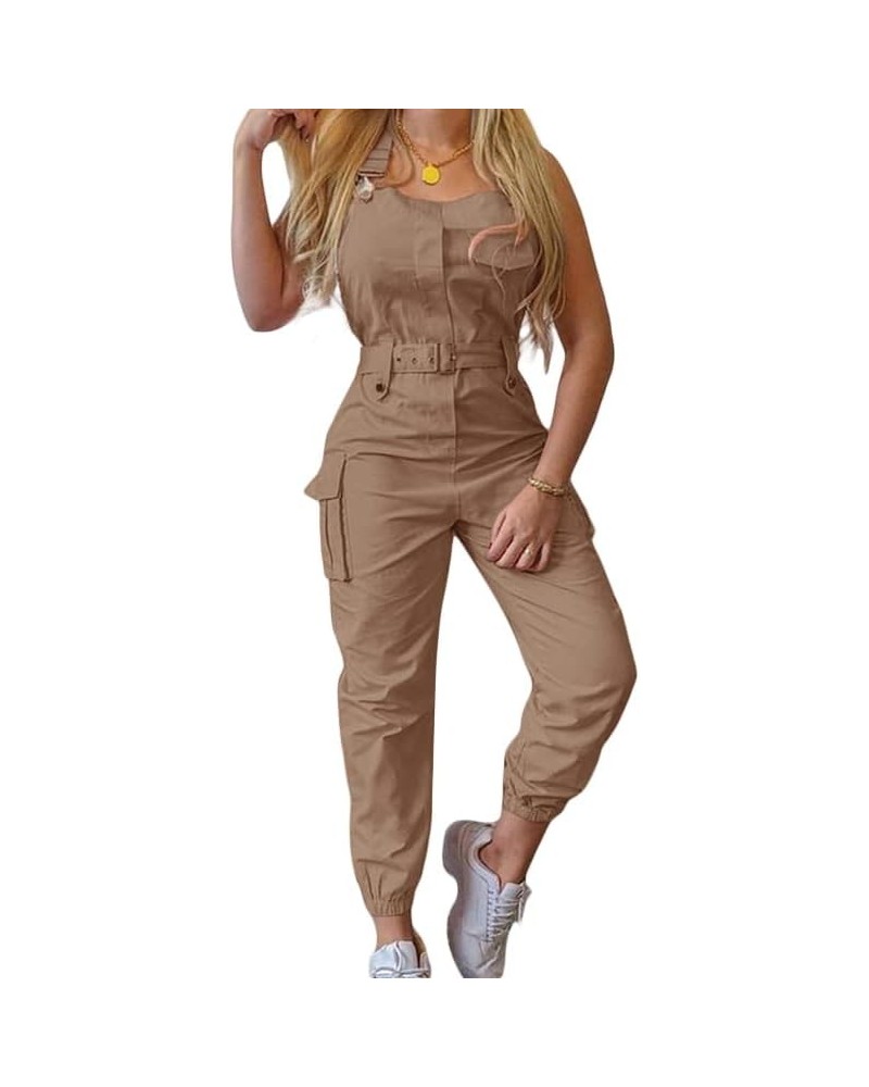 Women's Casual Stretch Adjustable Cargo Bib Overalls Jeans Fashion Long Pants Rompers Jumpsuits with Pockets, S-XXXL A-khaki ...