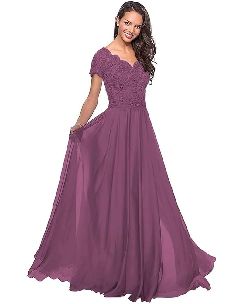 Women Chiffon Mother of Bride Dresses Short Sleeves Laces Appliques V-Neck Formal Party Evening Gown ZJ04 Mulberry $37.41 Dre...