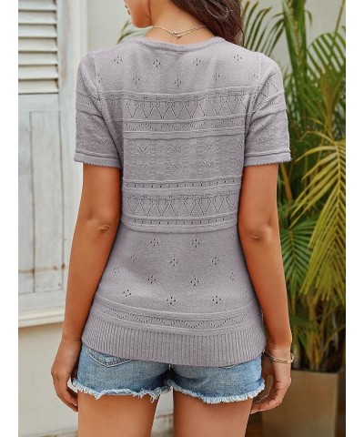 Womens Cute Short Puff Sleeve Sweaters Loose Crew Neck Lightweight Pointelle Knit Pullover Shirts Tops Z2 Grey $19.37 Sweaters