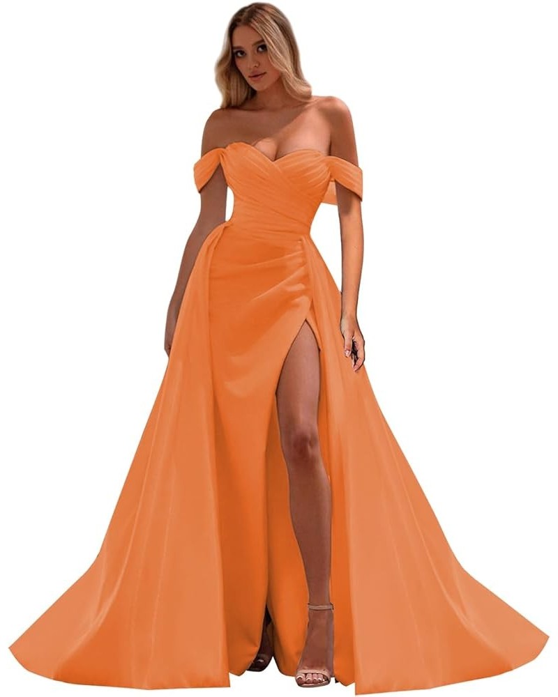 Off Shoulder Pleated Prom Dresses Long with Slit Wrap Mermaid Evening Ball Gowns with Train YG277 Orange $30.10 Dresses