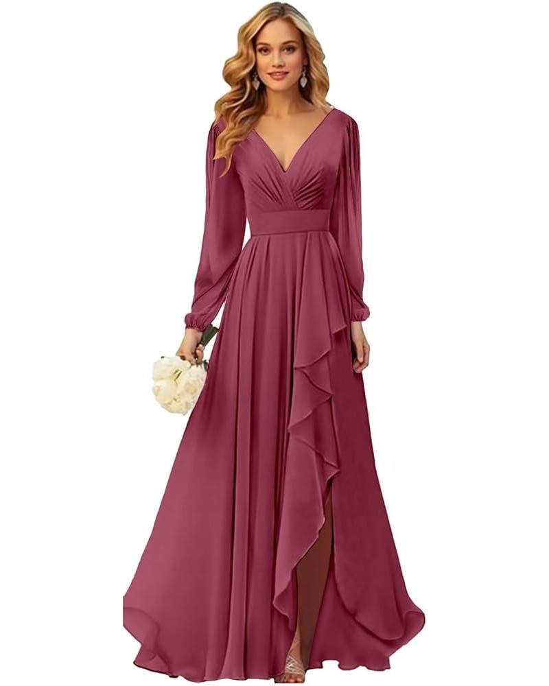 Long Sleeve Bridesmaid Dresses for Women Chiffon Ruffle V Neck Long Formal Dress with Slit Desert Rose $30.24 Dresses