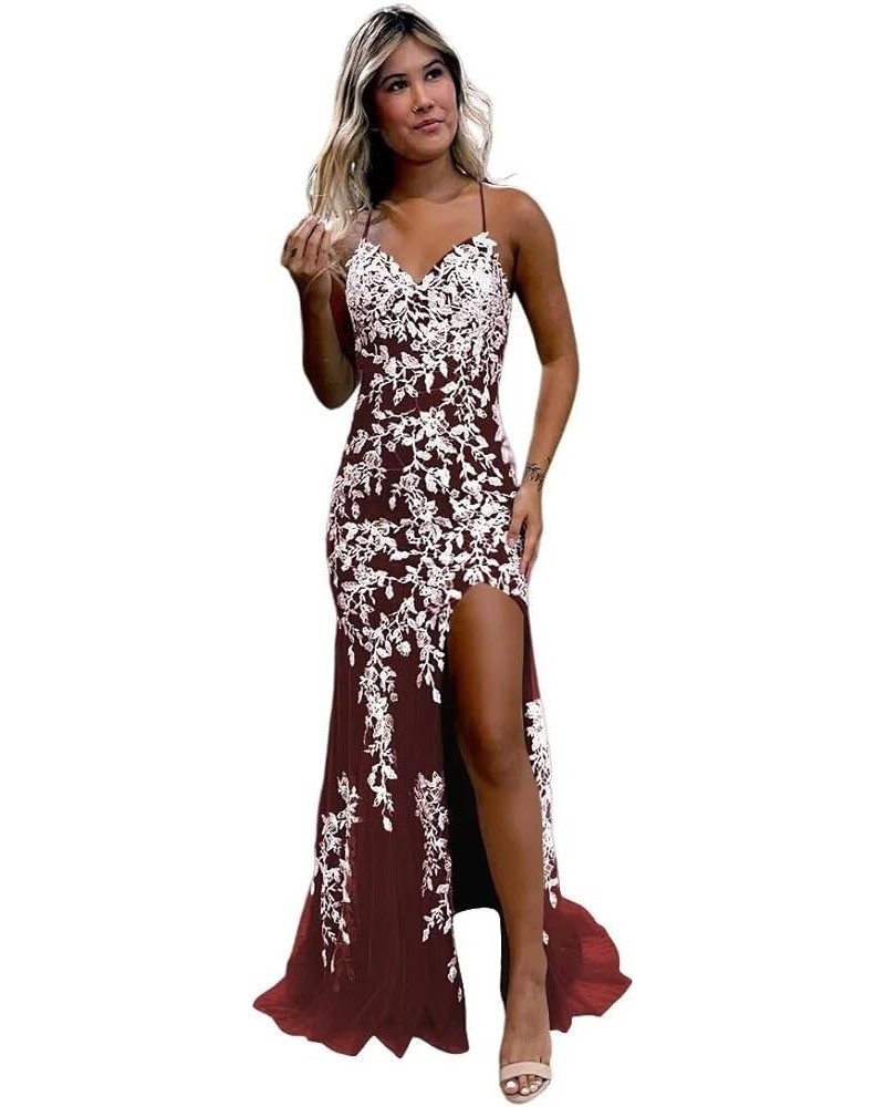 Teens' Mermaid Glitter Tulle Prom Dresses Long Spaghetti Straps Lace Applique Formal Evening Gown VS029 Burgundy $44.59 Dresses