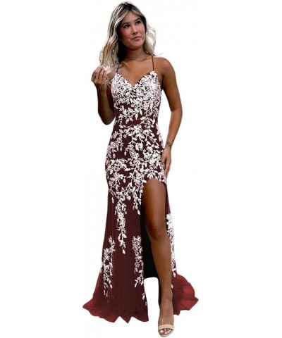 Teens' Mermaid Glitter Tulle Prom Dresses Long Spaghetti Straps Lace Applique Formal Evening Gown VS029 Burgundy $44.59 Dresses