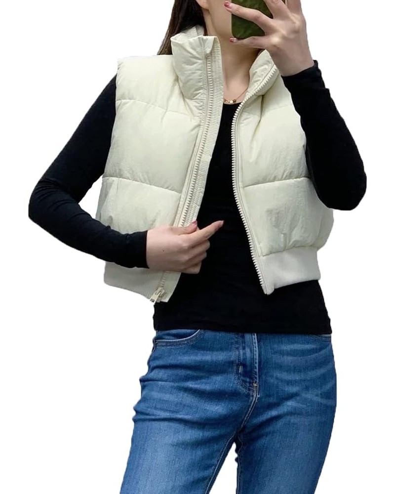 Women Winter Full Zipper Sleeveless Puffer Crop Stand Collar Padded Gilet Coat Lightweight Outwear Vest B Casual Beige $12.31...