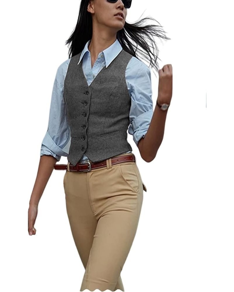 Women's Herringbone Tweed Waistcoat Slim Fit V-Neck Dressy Suit Vest Light Grey $13.18 Vests