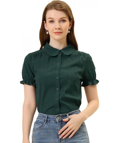 Women's Cotton Top Casual Short Sleeve Peter Pan Blouses Dark Green $18.08 Blouses