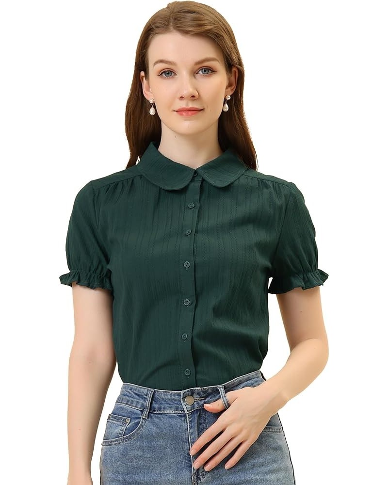 Women's Cotton Top Casual Short Sleeve Peter Pan Blouses Dark Green $18.08 Blouses