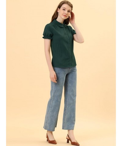 Women's Cotton Top Casual Short Sleeve Peter Pan Blouses Dark Green $18.08 Blouses