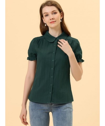 Women's Cotton Top Casual Short Sleeve Peter Pan Blouses Dark Green $18.08 Blouses