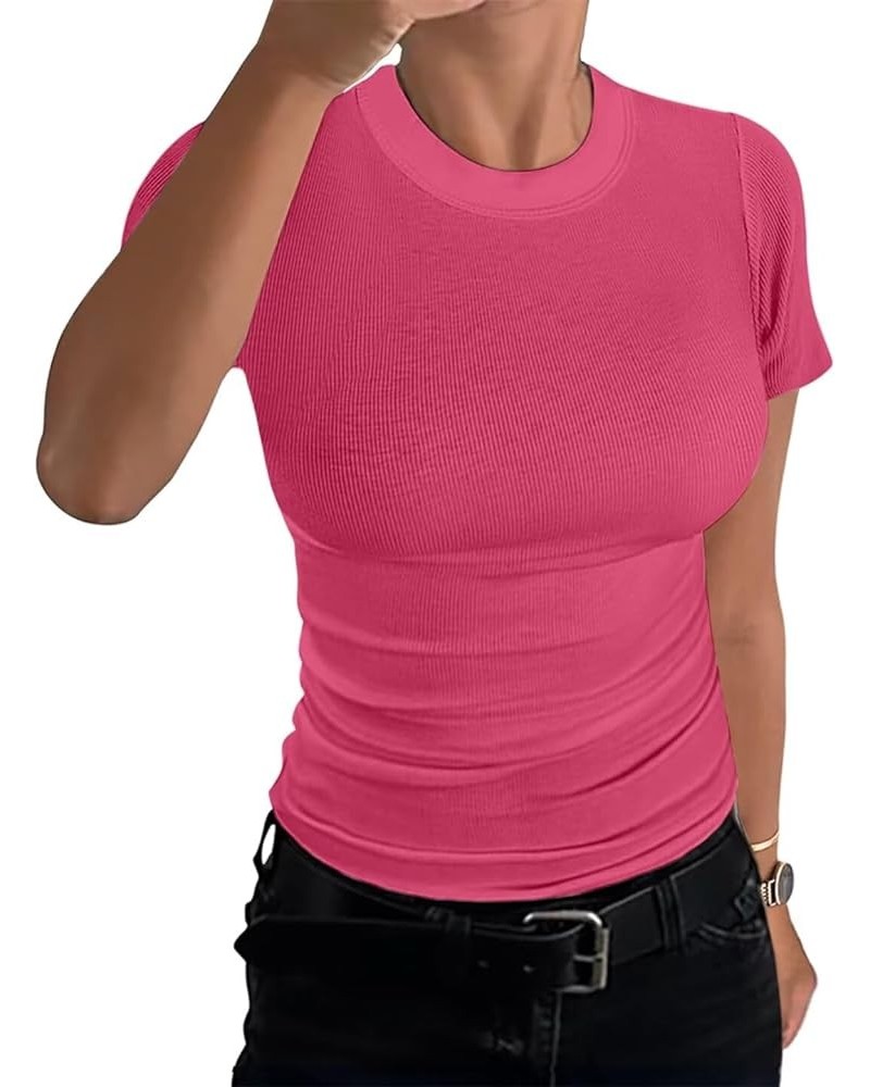 Women's Short Sleeve T Shirt Basic Crewneck Ribbed Knit Slim Fitted Crop Top/Tunic Top Regular Length 01 Hot Pink $13.24 T-Sh...