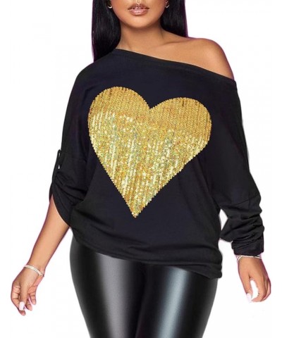 Womens Off The Shoulder Tops Sexy Shiny Queen Shirts Long/Short Sleeves Fashion Graphic Sequined T-Shirts Blouses Black+ Gold...