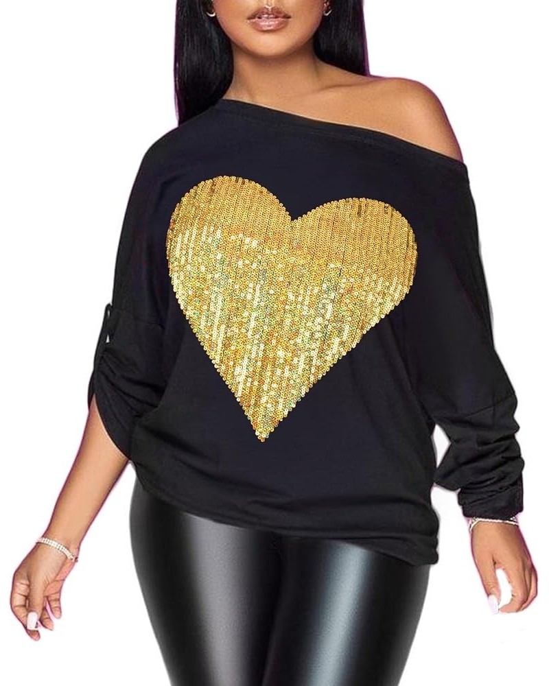 Womens Off The Shoulder Tops Sexy Shiny Queen Shirts Long/Short Sleeves Fashion Graphic Sequined T-Shirts Blouses Black+ Gold...