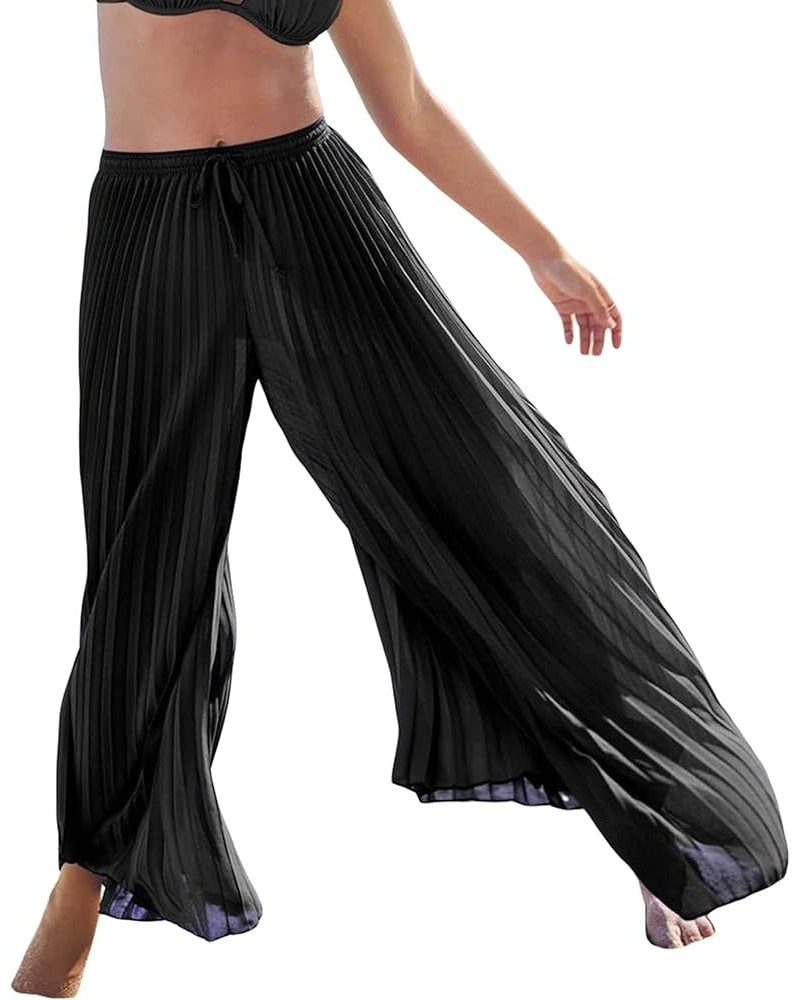 Women's Sheer Mesh Ruffle Pants Swimsuit Bikini Bottom Cover up Party Club Elastic High Waist Wide Leg Beach Pants F-black $7...