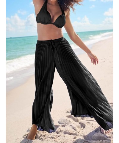 Women's Sheer Mesh Ruffle Pants Swimsuit Bikini Bottom Cover up Party Club Elastic High Waist Wide Leg Beach Pants F-black $7...