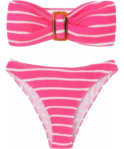 Women's 2 Piece Strapless Swimsuit Striped Bandeau High Waisted Thong Bikini Set Bathing Suit Hot Pink $17.50 Swimsuits