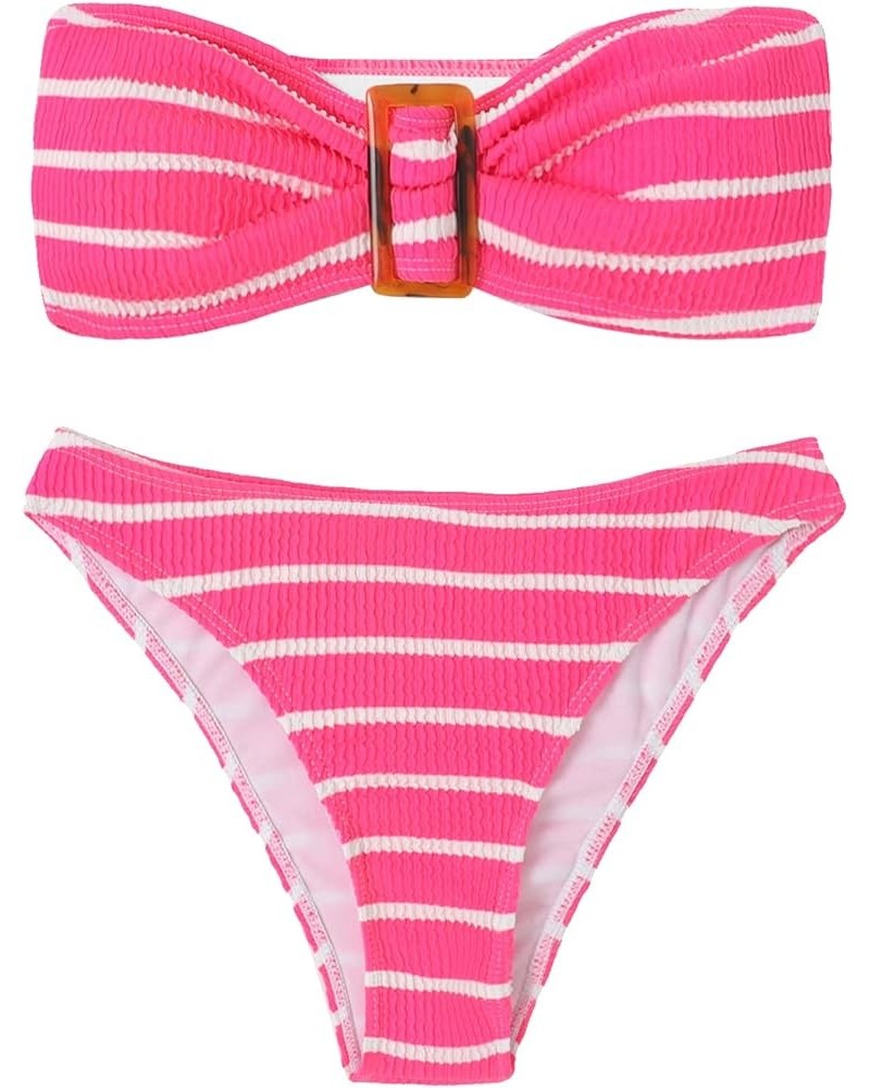 Women's 2 Piece Strapless Swimsuit Striped Bandeau High Waisted Thong Bikini Set Bathing Suit Hot Pink $17.50 Swimsuits