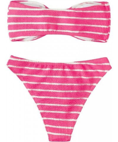 Women's 2 Piece Strapless Swimsuit Striped Bandeau High Waisted Thong Bikini Set Bathing Suit Hot Pink $17.50 Swimsuits