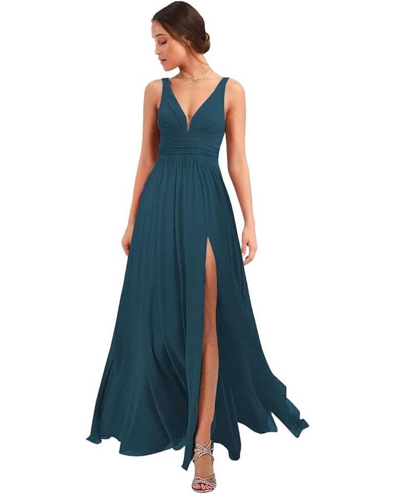 Women's Deep V Neck Bridesmaid Dresses with Slit 2023 Chiffon Pleats A Line Formal Party Dresses with Pockets YJ120 Teal $27....