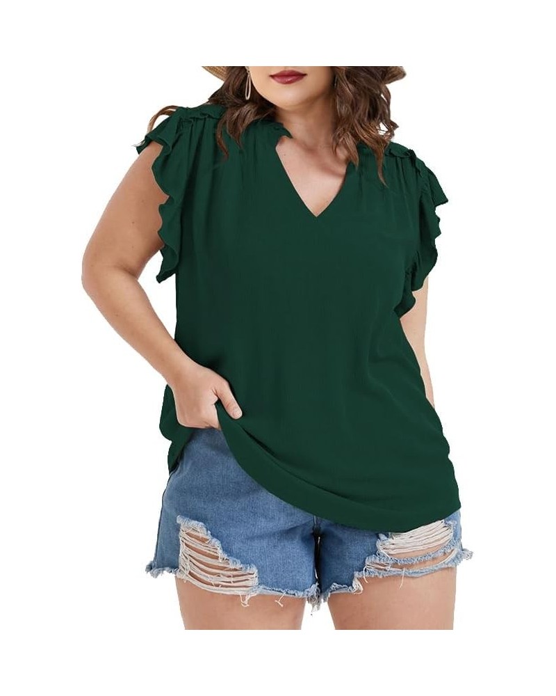 Plus Size Tops for Women V Neck Ruffle Sleeve Blouse Solid Color Tunic Casual Shirts Summer Dark Green $17.09 Blouses