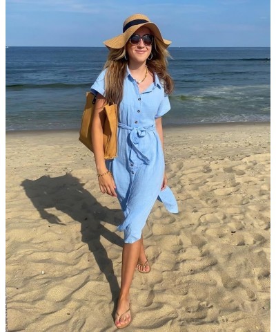 Swimsuit Cover Up Women Casual Short Sleeve Coverup Side Split Button Down Long Beach Dress Sky Blue $18.33 Swimsuits