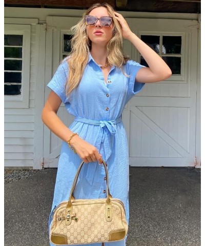 Swimsuit Cover Up Women Casual Short Sleeve Coverup Side Split Button Down Long Beach Dress Sky Blue $18.33 Swimsuits