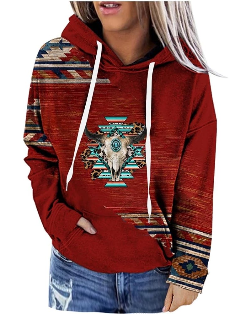 Women's Western Ethnic Style Print Aztec Hoodies Pullover, Cowgirl Rhombus Printed Hooded Sweatshirt With Pockets Red $12.29 ...