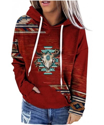 Women's Western Ethnic Style Print Aztec Hoodies Pullover, Cowgirl Rhombus Printed Hooded Sweatshirt With Pockets Red $12.29 ...