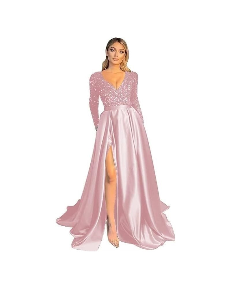 Long Sleeve Sequin Prom Dresses with Pockets Satin Evening Gown V Neck Ball Gowns with Slit Dusty Pink $44.29 Dresses