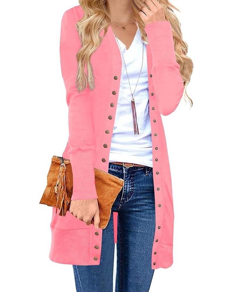 Long Cardigan Sweaters for Women Open Front Snap Button Knit Ribbed Cardigans Outfits Pink $10.80 Sweaters