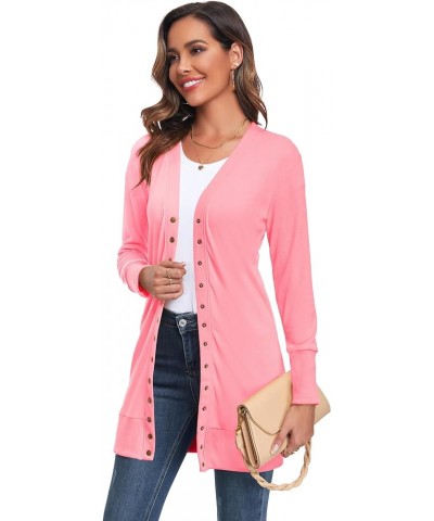 Long Cardigan Sweaters for Women Open Front Snap Button Knit Ribbed Cardigans Outfits Pink $10.80 Sweaters