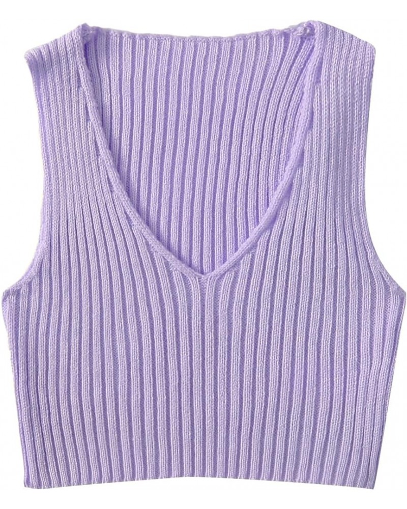 Women's Ribbed Knit Crop Sleeveless V-Neck Sweater Vest Crop Tank Top Violet Purple $11.51 Sweaters