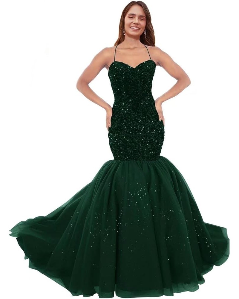 Sparkly Sequin Prom Dresses for Women Long Tulle Halter Ball Gown Sleeveless Mermaid Formal Evening Party Dress Dark Green $3...