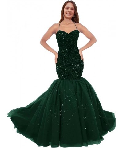 Sparkly Sequin Prom Dresses for Women Long Tulle Halter Ball Gown Sleeveless Mermaid Formal Evening Party Dress Dark Green $3...