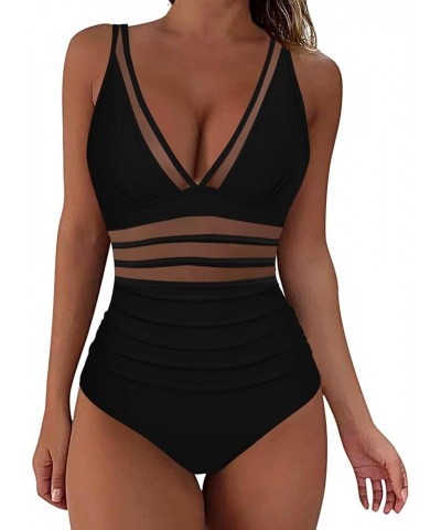 Women's One Piece Swimsuits Monokini One Piece Bathing Suits Tummy Control Cutout Mesh High Waisted Bathing Suit C-black $9.5...