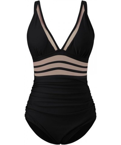 Women's One Piece Swimsuits Monokini One Piece Bathing Suits Tummy Control Cutout Mesh High Waisted Bathing Suit C-black $9.5...