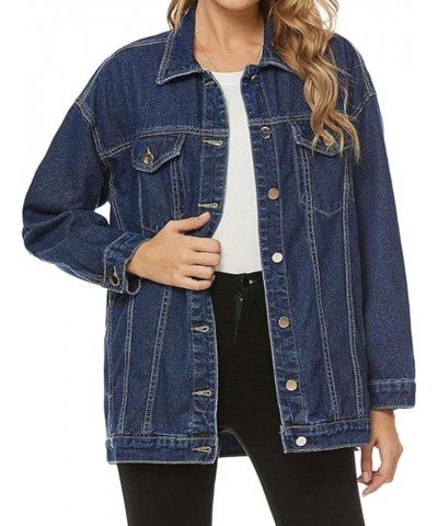 Women's Oversized Denim Jacket Distressed Lapel Button Up Long Sleeve Jean Jacket with Pockets Dark Blue $20.50 Jackets