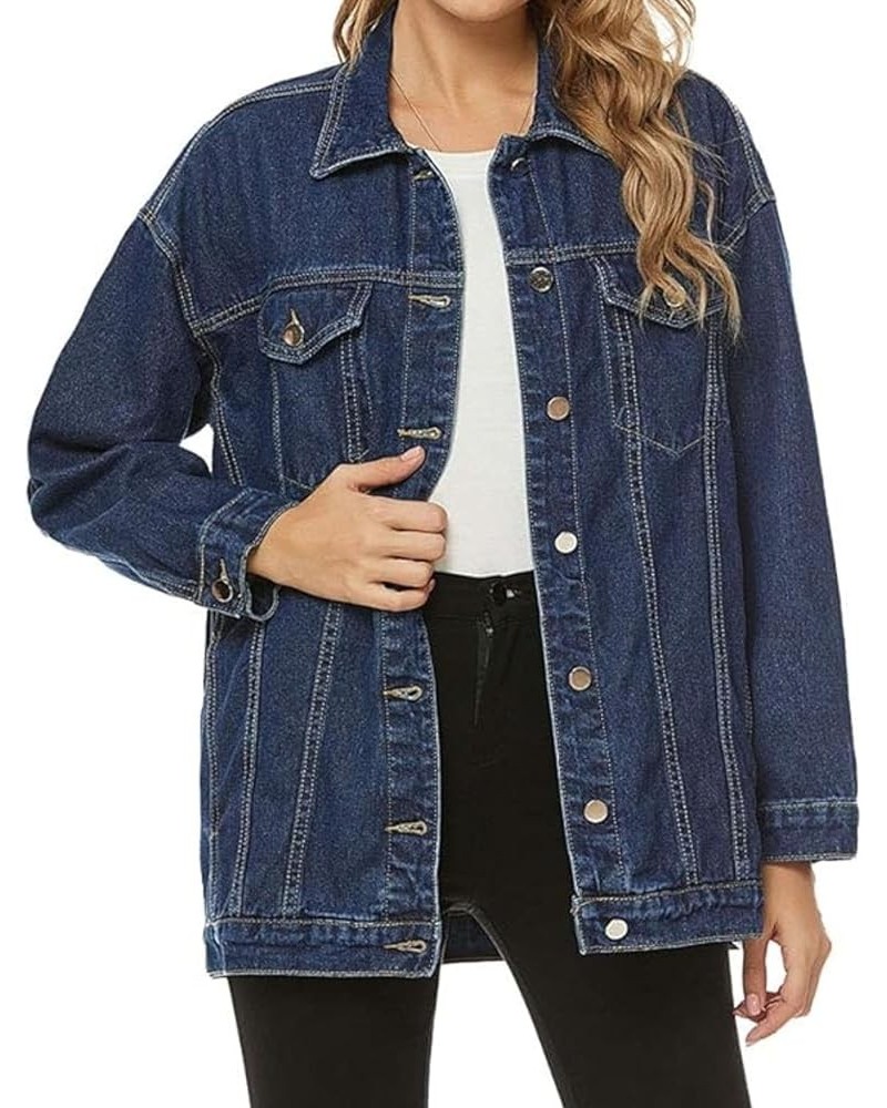 Women's Oversized Denim Jacket Distressed Lapel Button Up Long Sleeve Jean Jacket with Pockets Dark Blue $20.50 Jackets