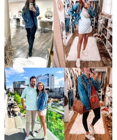 Women's Oversized Denim Jacket Distressed Lapel Button Up Long Sleeve Jean Jacket with Pockets Dark Blue $20.50 Jackets