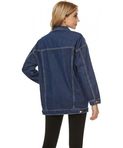 Women's Oversized Denim Jacket Distressed Lapel Button Up Long Sleeve Jean Jacket with Pockets Dark Blue $20.50 Jackets