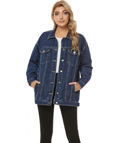 Women's Oversized Denim Jacket Distressed Lapel Button Up Long Sleeve Jean Jacket with Pockets Dark Blue $20.50 Jackets