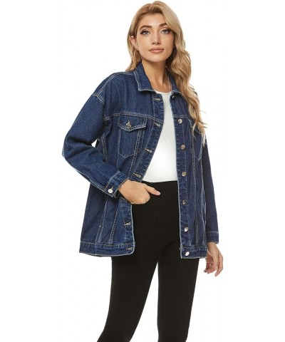 Women's Oversized Denim Jacket Distressed Lapel Button Up Long Sleeve Jean Jacket with Pockets Dark Blue $20.50 Jackets