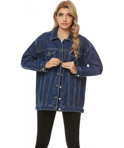 Women's Oversized Denim Jacket Distressed Lapel Button Up Long Sleeve Jean Jacket with Pockets Dark Blue $20.50 Jackets