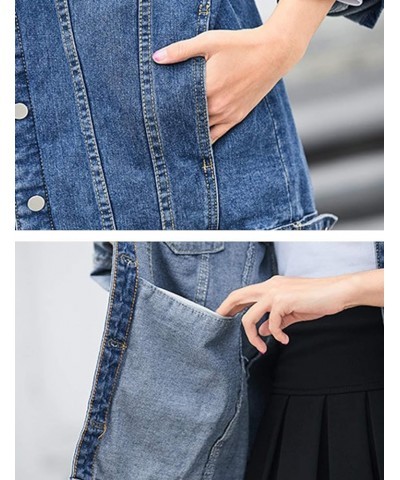 Women's Oversized Denim Jacket Distressed Lapel Button Up Long Sleeve Jean Jacket with Pockets Dark Blue $20.50 Jackets