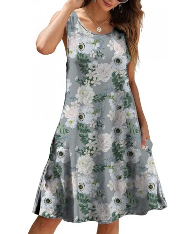 Women Casual T-Shirt Summer Dresses Floral Bohemian Dress Swing Boho Sundress Sleeveless with Pockets Floral Grey Lotus $10.3...