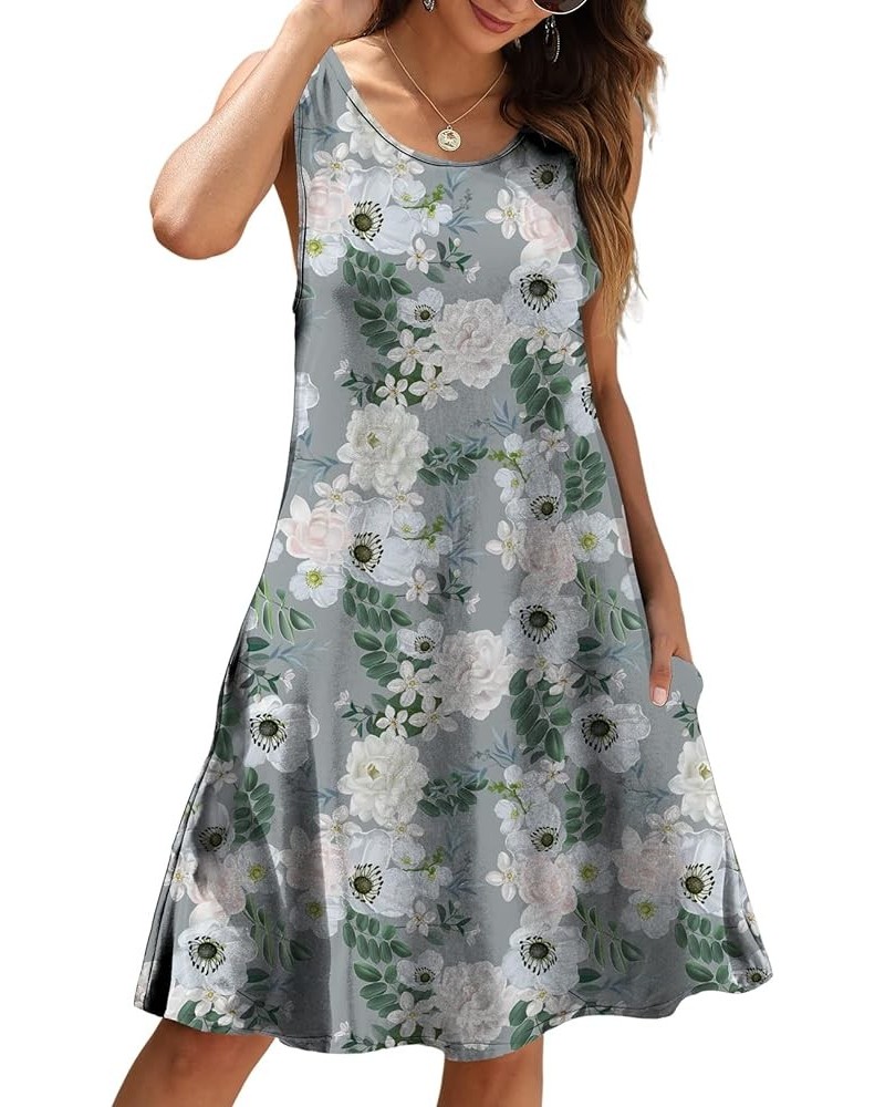 Women Casual T-Shirt Summer Dresses Floral Bohemian Dress Swing Boho Sundress Sleeveless with Pockets Floral Grey Lotus $10.3...