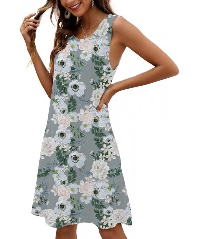 Women Casual T-Shirt Summer Dresses Floral Bohemian Dress Swing Boho Sundress Sleeveless with Pockets Floral Grey Lotus $10.3...