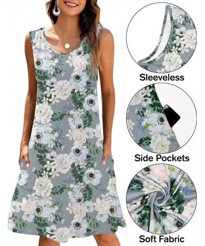 Women Casual T-Shirt Summer Dresses Floral Bohemian Dress Swing Boho Sundress Sleeveless with Pockets Floral Grey Lotus $10.3...