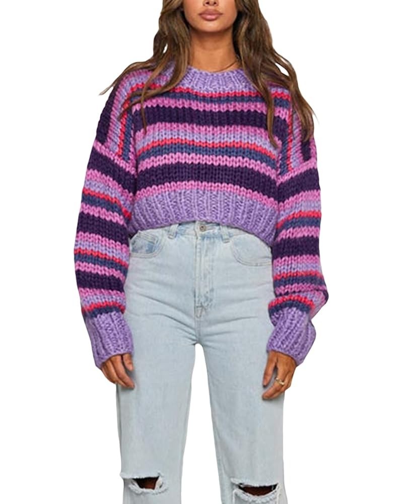 Women Color Block Crochet Knit Crop Top Y2K Patchwork Hollow Out Long Sleeve Cropped Sweater Pullover Cover Ups Striped Purpl...